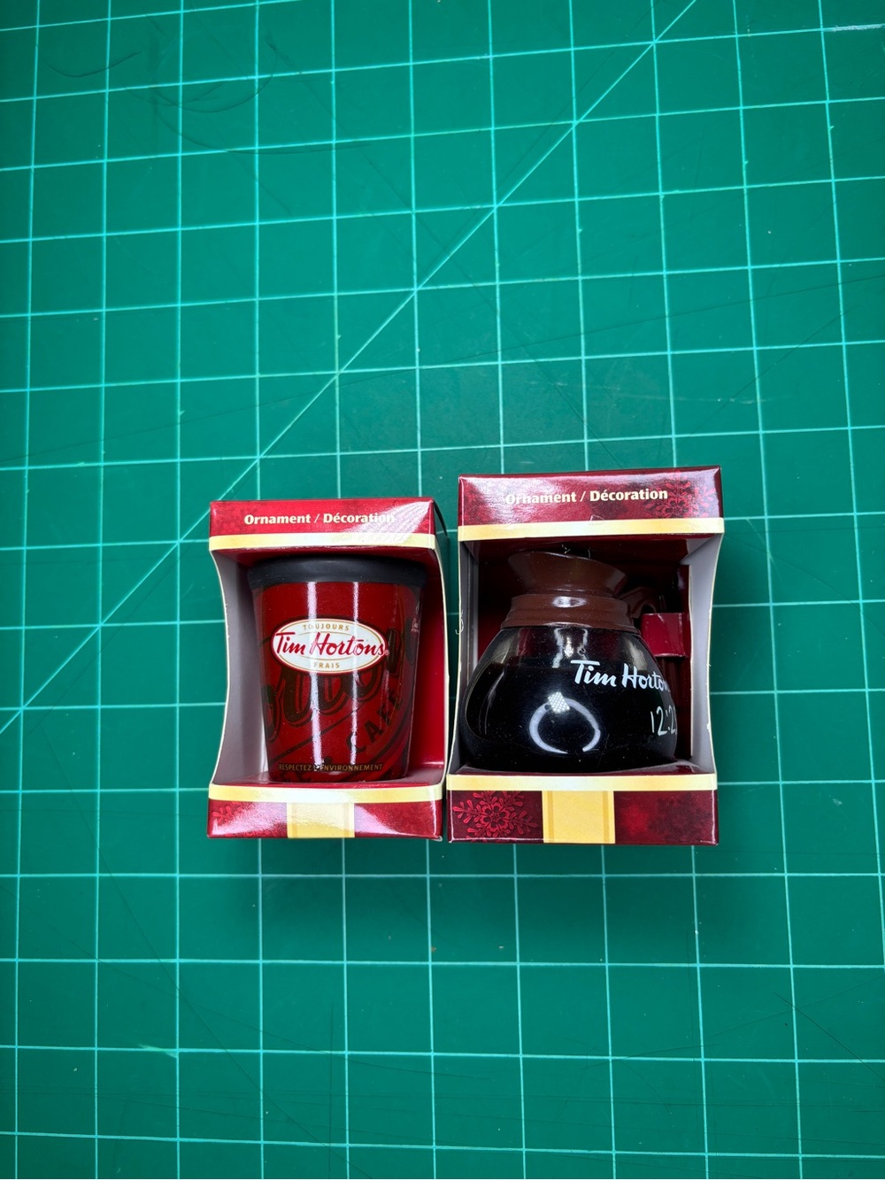 Tim Hortons Red Coffee Cup & Brown Coffee Pot Holiday Christmas Ornaments